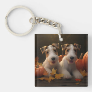 Draad Fox Terrier Puppy Herfst Plezier Pompoen Sleutelhanger
