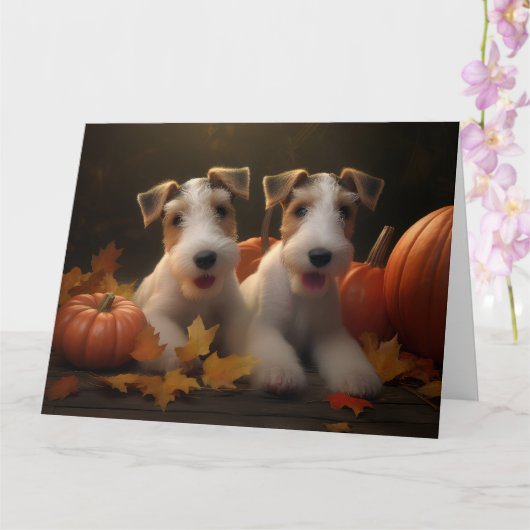 Draad Fox Terrier Puppy Herfstvreugde Pompoen Kaart (Orchidee)
