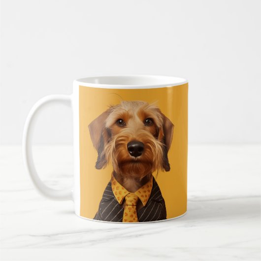 Draad haired dachshung op geel koffiemok (Links)