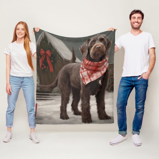 Draadharige Pointer in Kerstsneeuw Fleece Deken (In situ)