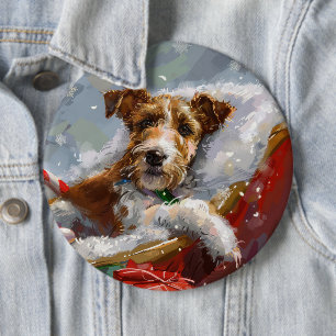 Draadvos Terrier Hond Kerst Feestelijk Ronde Button 6,0 Cm