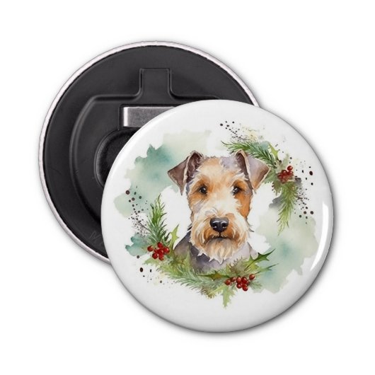 Draadvos Terrier Kerstkrans Festieve Pup  Button Flesopener (Voorkant)