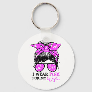Draag roze voor mijn vrouw Messy Bun Breast Cancer Sleutelhanger