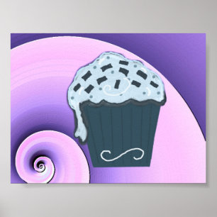 Draaiend paars en blauw ontwerp van een cupcake op poster