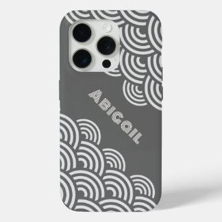 Draaiende Cirkels en Naam in Wit op Grijs iPhone 15 Pro Case
