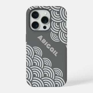 Draaiende Cirkels en Naam in Wit op Grijs iPhone 15 Pro Hoesje