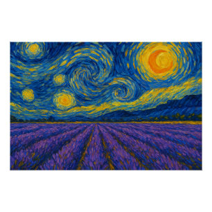 Draaiende nachtelijke hemel boven lavendelveld perfect poster