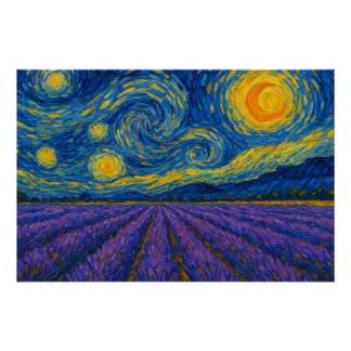 Draaiende nachtelijke hemel boven lavendelveld perfect poster