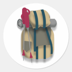 Draaiende rugzak, slaapstoel en wandelende sticks ronde sticker