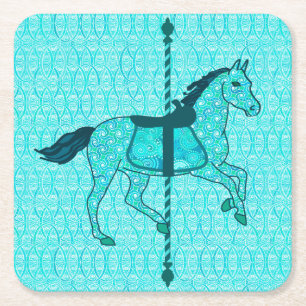Draaimolenpaard - Turquoise en Aqua Vierkante Kartonnen Onderzetter
