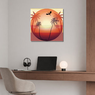 Draak boven tropisch eiland bij zonsondergang poster