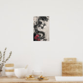 Draak en bloemen Traditionele Japanse Art Brush Poster (Keuken)