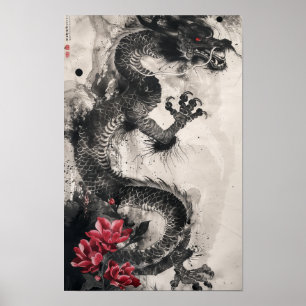 Draak en bloemen Traditionele Japanse Art Brush Poster