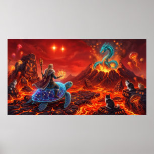 Draak en de Wereldschildpad — Viking Vuur Fantasie Poster