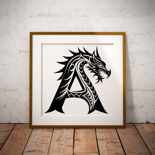 Draak gestileerde letter A, Drakalphabet, Monogram Poster