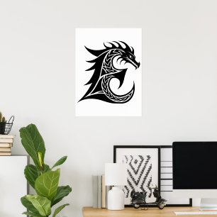 Draak gestileerde letter E, drakenalfabet, monogra Poster