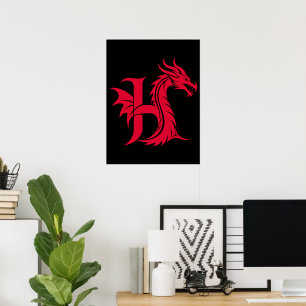 Draak gestileerde letter H, drakenalfabet, monogra Poster