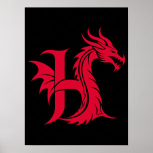 Draak gestileerde letter H, drakenalfabet, monogra Poster
