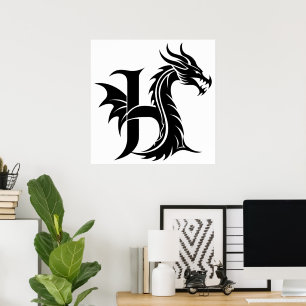 Draak gestileerde letter H, drakenalfabet, monogra Poster