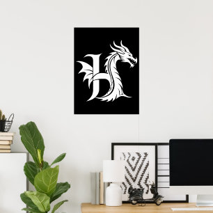 Draak gestileerde letter H, drakenalfabet, monogra Poster