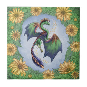 "Draak of Summer" Flowers and Leaves Fantasy Art Tegeltje