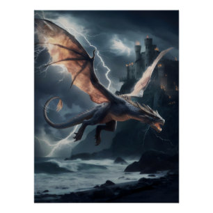 Draak over het kasteel. perfect poster