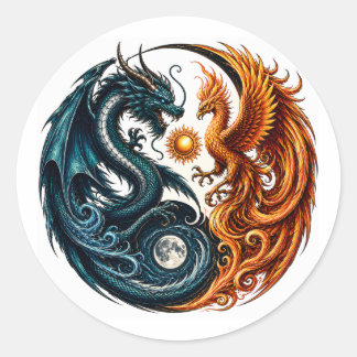 Draak & Phoenix Yin Yang Ronde Sticker