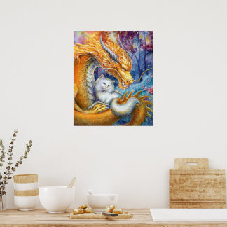 Draak & Witte Kat in Bos Watercolor Fijne Kunst Poster