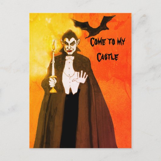 Dracula Art Halloween Party Zwart Sinaasappel Glow Briefkaart (Voorkant)
