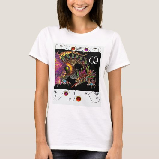 DRAGO / FANTASY DRAAK, GOUD PAARSE ZWART MONOGRAM T-SHIRT (Voorkant)