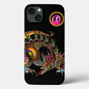 DRAGO, FANTASY DRAGON, PINK PAARSE GEMSTONE MONOGR iPhone 13 HOESJE