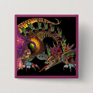 DRAGO / FANTASY GOLD DRAGON IN PAARS EN ZWART VIERKANTE BUTTON 5,1 CM