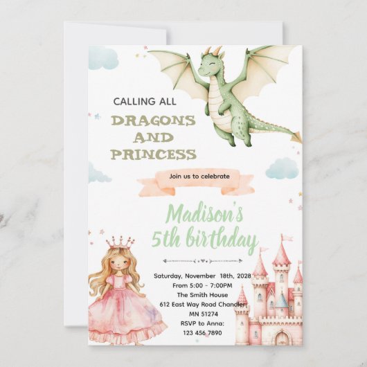Dragon and princess Birthday Party Invitation (Devant)