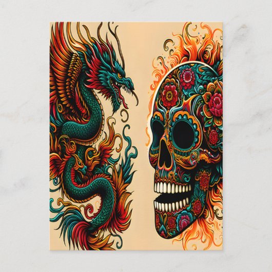 Dragon and Sugar Skull Day of the Dead Art Briefkaart (Voorkant)