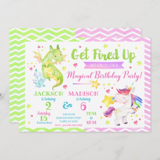 Dragon and Unicorn Joint Birthday Invitation Kaart (Voorkant / Achterkant)