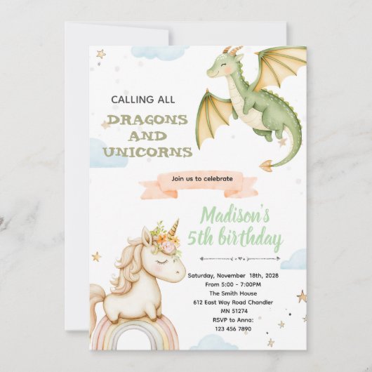 Dragon and unicorn Party Invitation Kaart (Voorkant)