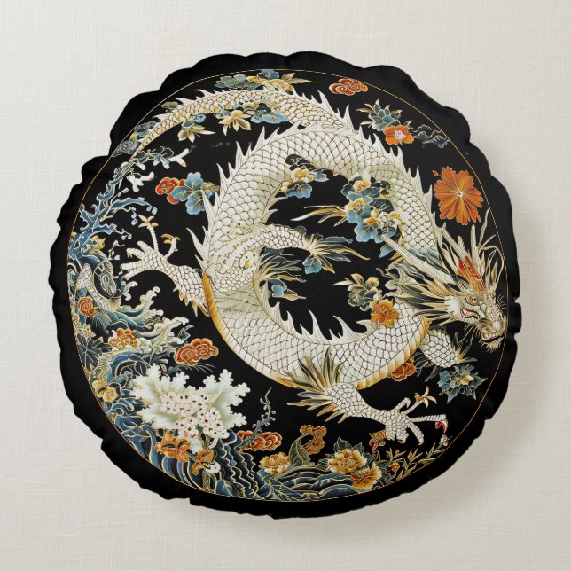 Dragon asiatique blanc et fleurs Coussin rond (Devant)