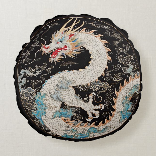 Dragon asiatique blanc et nuages Coussin rond (Devant)
