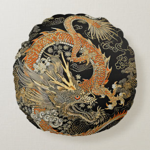 Dragon asiatique et nuages Coussin rond