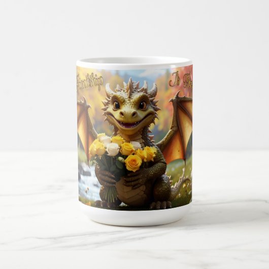Dragon avec des roses jaunes. Mug de 15 onces (Centre)