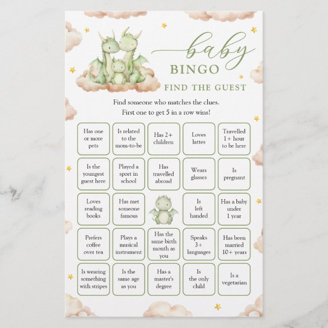 Dragon Baby shower Vind het Gast Bingo spel (Voorkant)