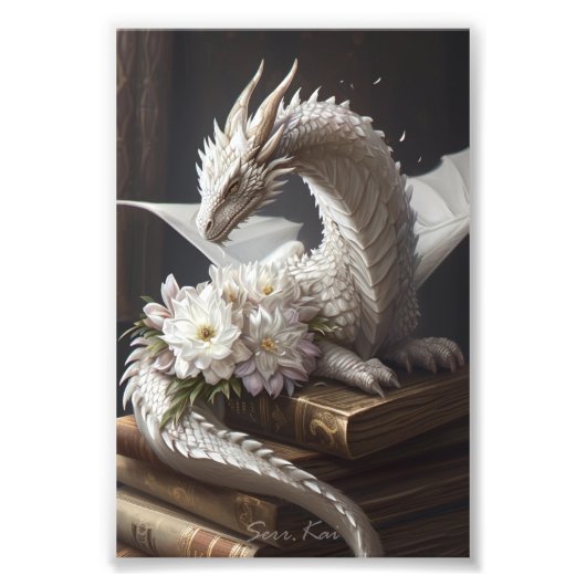 Dragon blanc sur livres Imprimer photo (Devant)