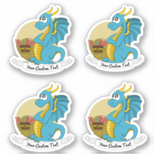 Dragon bleu de dessin animé avec sticker de trésor