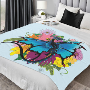 Dragon Blue Vlinder Bloemen Fleece Deken