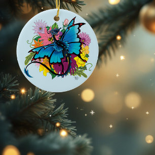 Dragon Blue Vlinder Bloemen Keramisch Ornament