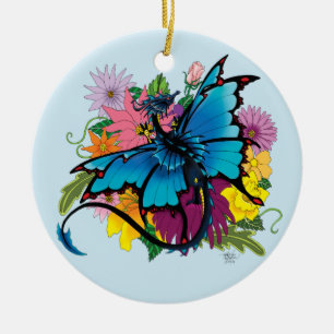 Dragon Blue Vlinder Bloemen Keramisch Ornament