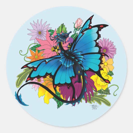 Dragon Blue Vlinder Bloemen Ronde Sticker (Voorkant)