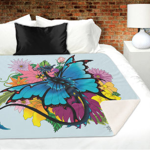 Dragon Blue Vlinder Bloemen Sherpa Deken