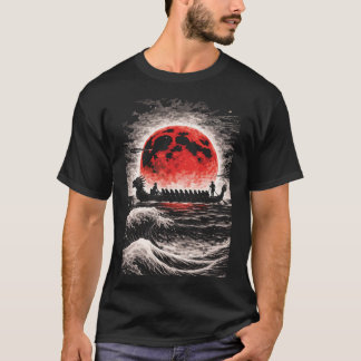 Dragon Boat Race Team Paddling In Red Moon Horizon T-shirt