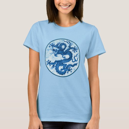 Dragon chinois, T-shirt bleu et blanc Indigo (Devant)